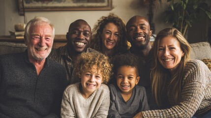 Fototapeta premium Multiracial family smiling in living room during evening reunion with three generations, warm ambient lighting, parents embracing children, grandparents beaming, inclusive joyful atmosphere, candid