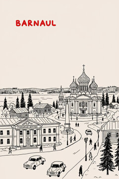 Barnaul, Russia Pen Line Art Illustration of City Landmark and Travel Scene