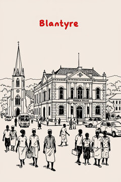 Blantyre, Malawi Pen Line Art Illustration of City Landmark and Travel Scene