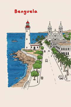 Benguela, Angola Pen Line Art Illustration of City Landmark and Travel Scene
