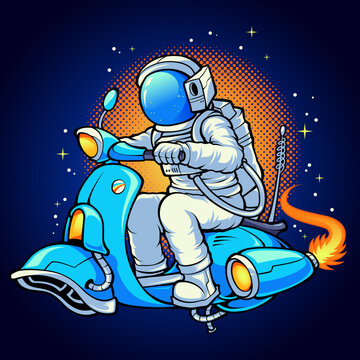 Astronaut cartoon riding a bike in space