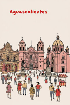 Aguascalientes, Mexico Pen Line Art Illustration of City Landmark and Travel Scene