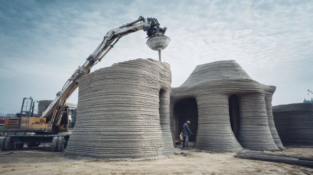 Printer extruding concrete dome under sky, robotic arm building curved shelter, site engineer inspecting entrance, dusty site atmosphere, overcast light, pioneering construction technology mood