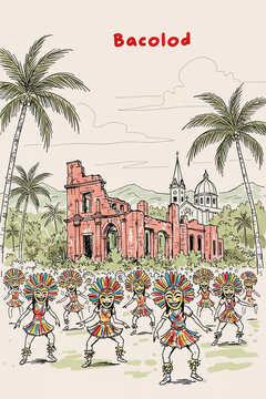 Bacolod, Philippines Pen Line Art Illustration of City Landmark and Travel Scene