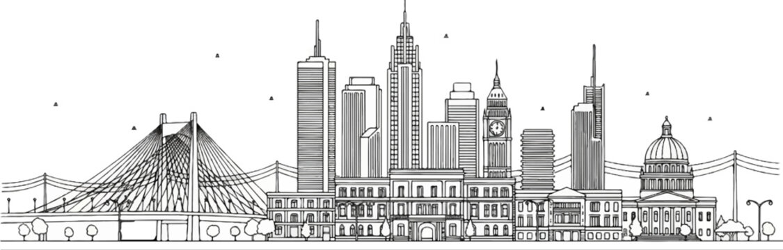 Outline of a city skyline featuring tall buildings, a clock tower, and a domed structure