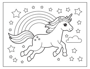 Playful unicorn and rainbow sky children coloring book. © Songrami