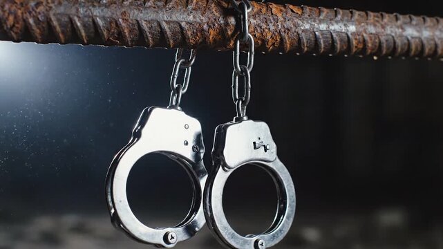Criminal Law Restrictions concept. Close-up of metal handcuffs hanging from a rusty iron bar in dim light.