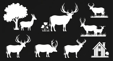 Collection of White Deer Silhouettes on Black Background.