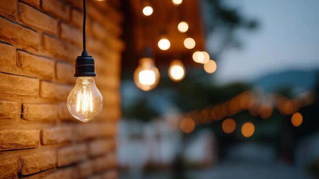 Macro perspective of lamp filament glowing against brick surface, soft amber reflections on textured wall, cozy, rustic, and ambient outdoor theme