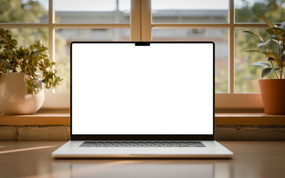 Laptop blank screen mockup on wooden desk in bright home office