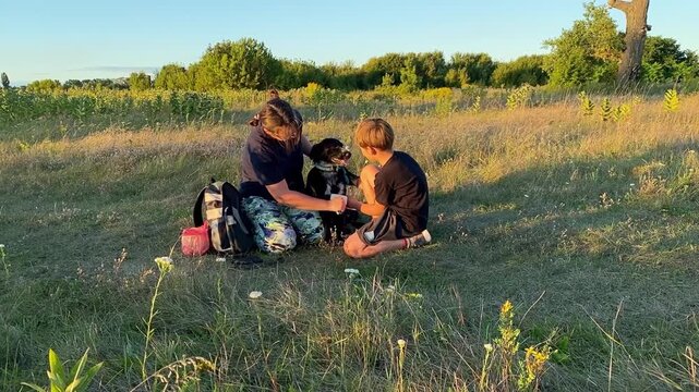 A family moment unfolds as a mother and her son walk their dog together in nature. Warm evening light reflects country living, quality family time, and the caring bond between parent and child. 