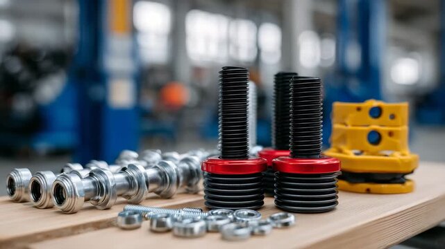 Macro shot of automotive hardware and accessories on table, bolts, nuts, brake pads, small engine parts arranged for clarity, workshop industrial aesthetic emphasized