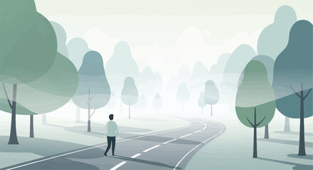 Obraz premium Lone figure walks down a misty, winding road bordered by stylized trees