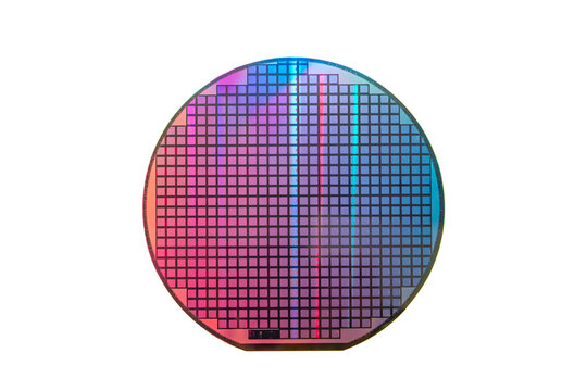Semiconductor silicon wafer disk chip made of silicon isolated on white background used in electronics for the fabrication of integrated circuits.