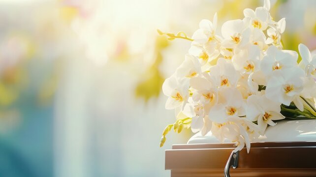 White orchids and delicate flowers resting on a wooden urn, symbolizing remembrance, peace eternal and condolence