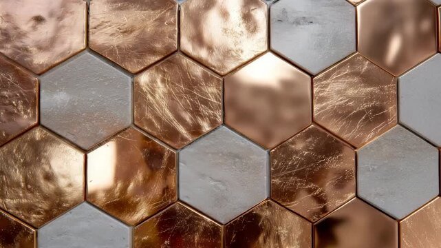 Macro detail of copper hexagon tiles arranged precisely, reflective metallic surfaces, subtle scratches and brushed texture, emphasizing high-quality interior design material