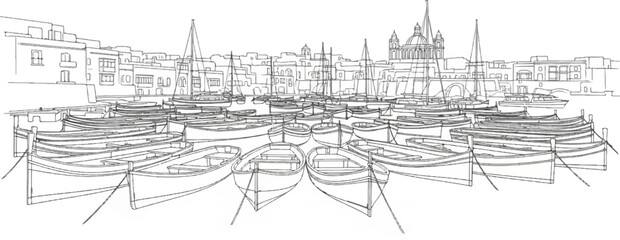 Fototapeta premium Numerous small boats moored in a harbor with buildings in background