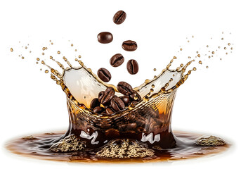 Coffee beans falling and splashing into a dark brown liquid creating a crown shape splash effect on a white background