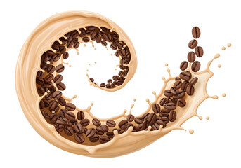 Coffee beans and creamy milk splash swirling in a spiral motion against a white background for advertisement or packaging design