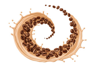 Coffee beans and milk splash swirl isolated on white background for food and drink concepts