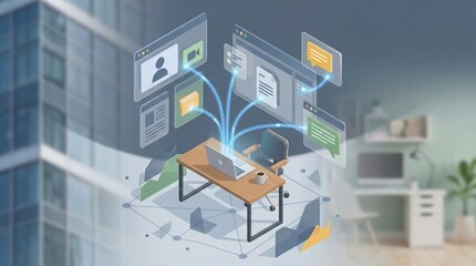 Modern office workspace with digital interface and floating screens illustration view