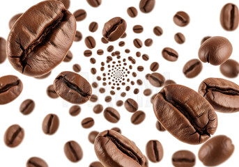 Falling roasted coffee beans in a spiral tunnel pattern against a clean white background