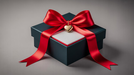 A dark blue gift box with a red ribbon and a heart-shaped charm on heart charm present