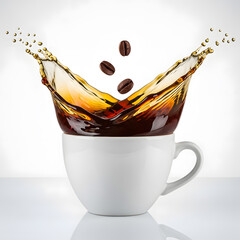 Coffee splash in white cup with falling beans against bright background