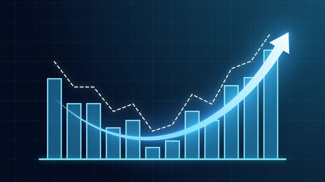 Blue business bar chart showing recovery with rising curved arrow after decline. Represents turnaround, revenue growth, financial improvement, market rebound, and positive performance trends