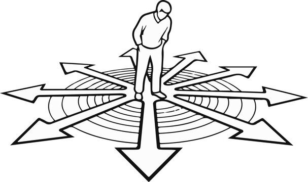 Person standing at a crossroads of many different arrow directions