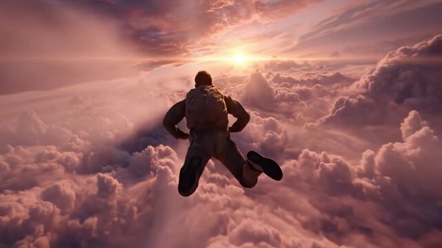 Skydiver freefalls above clouds at sunset, surrounded by vibrant, warm hues, creating a serene scene