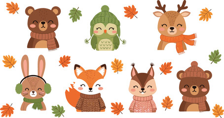 Fototapeta premium Cute autumn woodland animal characters with cozy clothes and falling leaves, adorable forest friends cartoon flat vector illustration isolated on white background