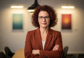 Professional woman with curly hair and glasses in a modern office setting