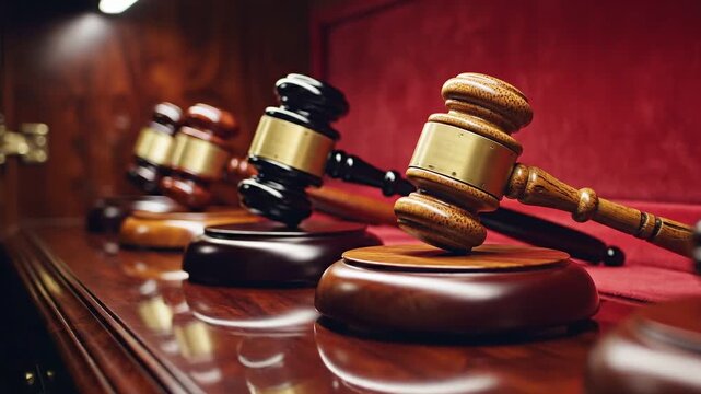 Criminal Law Restrictions concept. Wooden gavels arranged on a polished surface in a courtroom or legal setting.