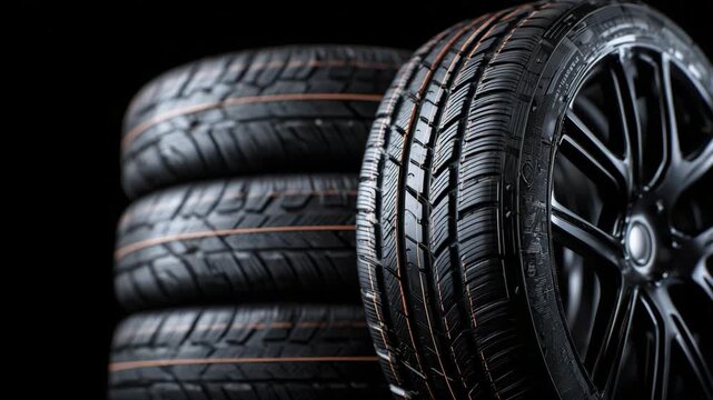 Set of car tires viewed from low angle, strong tread patterns and rubber texture, isolated on black background, automotive repair and replacement concept