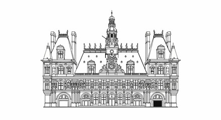 Ornately detailed architectural facade with central clock tower and flanking mansard roofs