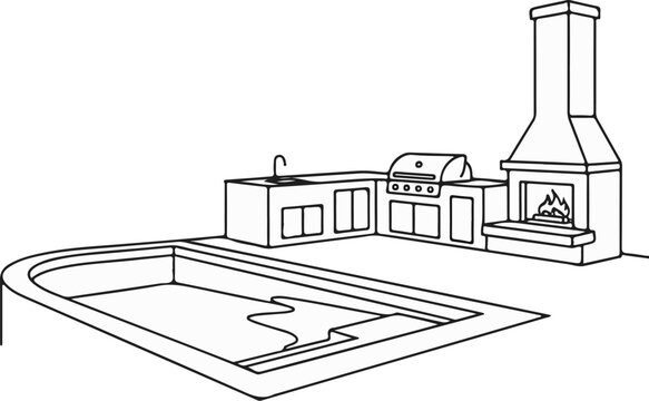 Outdoor kitchen area with built-in grill, sink, fireplace, and pool