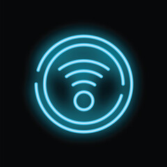 Neon blue wifi symbol glowing on black background representing internet connection and wireless technology © ylivdesign