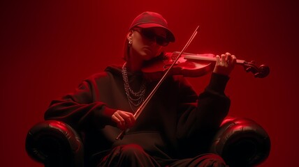 Fototapeta premium Man playing violin intensely in a red-lit room on a leather chair