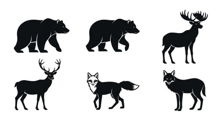 Collection of Woodland Animal Silhouettes Including Bears Deer Fox and Moose.