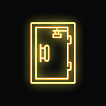 Glowing neon line icon of a safe door, representing security and protection, on a black background