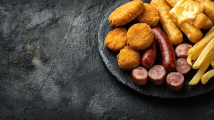Fototapeta premium Assorted platter with chicken nuggets, sausages, french fries, and potato wedges.
