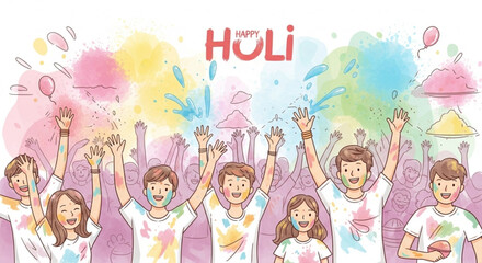 Happy Holi festival celebration diverse people throwing colorful powder vibrant illustration for event promotion and greeting cards © Duaa