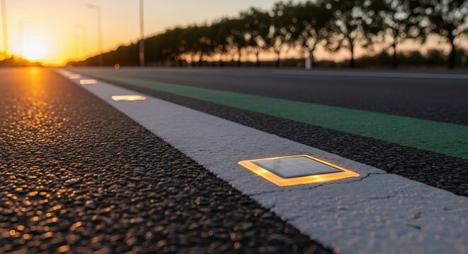  Solar powered road stud on asphalt highway during golden sunset