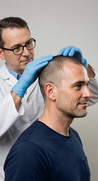 Professional hair transplant specialist examining a male patient's hairline during a consultation in a modern clinic. Concept of hair restoration surgery and regaining confidence.