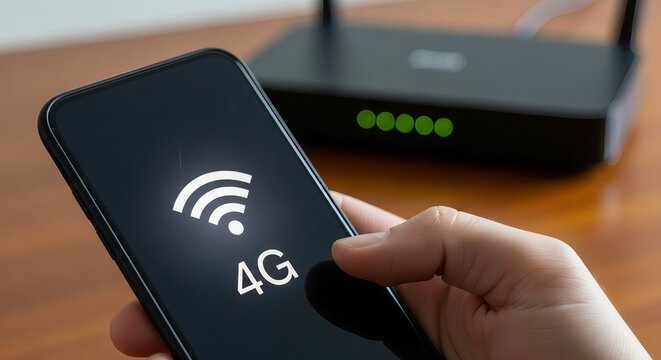Person holding smartphone with 4G and wifi icon near wireless router