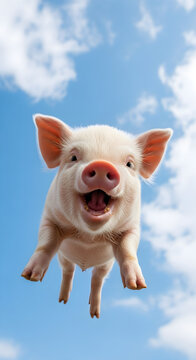Happy pink piglet jumping in the blue sky with white clouds, conceptual image of when pigs fly, joyful farm animal expressing freedom and optimism for visual storytelling
