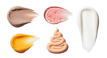 Collection of various skincare and cosmetic product textures including cream gel and clay mask swatches on white background