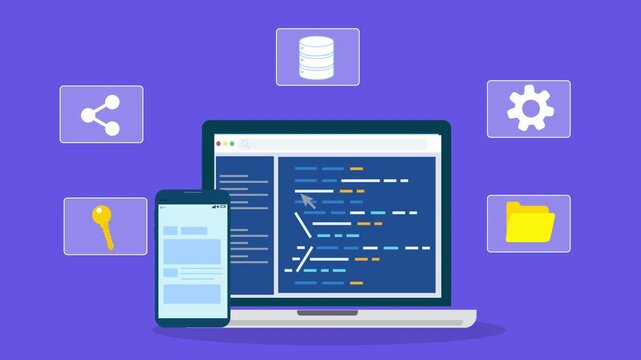 Laptop and smartphone displaying programming interface surrounded by system icons, representing software integration, development workflow, and digital infrastructure.
