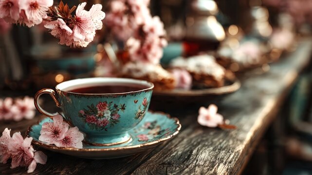 Elegant vintage turquoise porcelain teacup with aromatic black tea and delicate pink cherry blossoms arranged on rustic wooden table for cozy spring afternoon high tea indulgence.